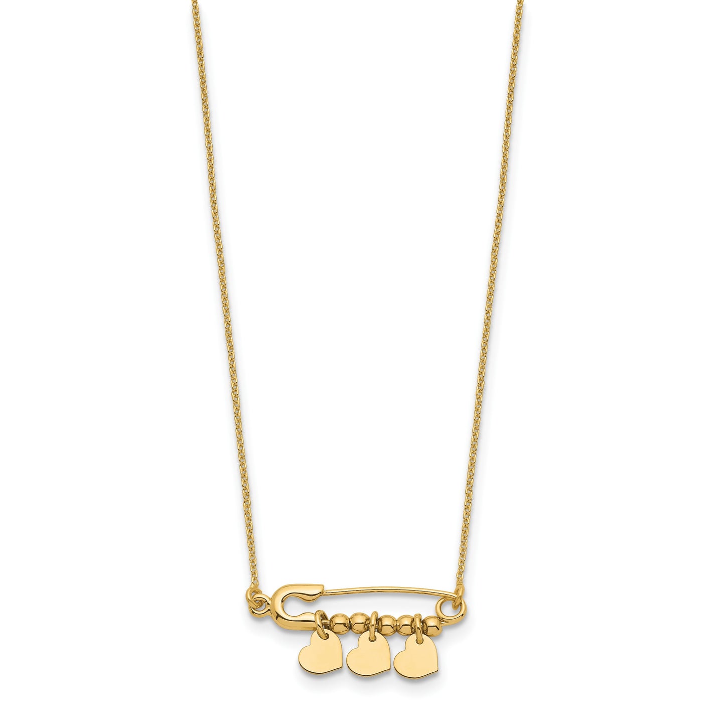14K Safety Pin with Three Dangle Hearts and Beads 17 inch Necklace