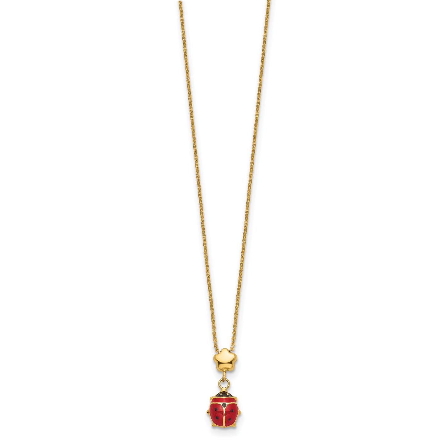 14k Polished Red and Black Enameled Ladybug with Flower Bead 16.5 inch Necklace