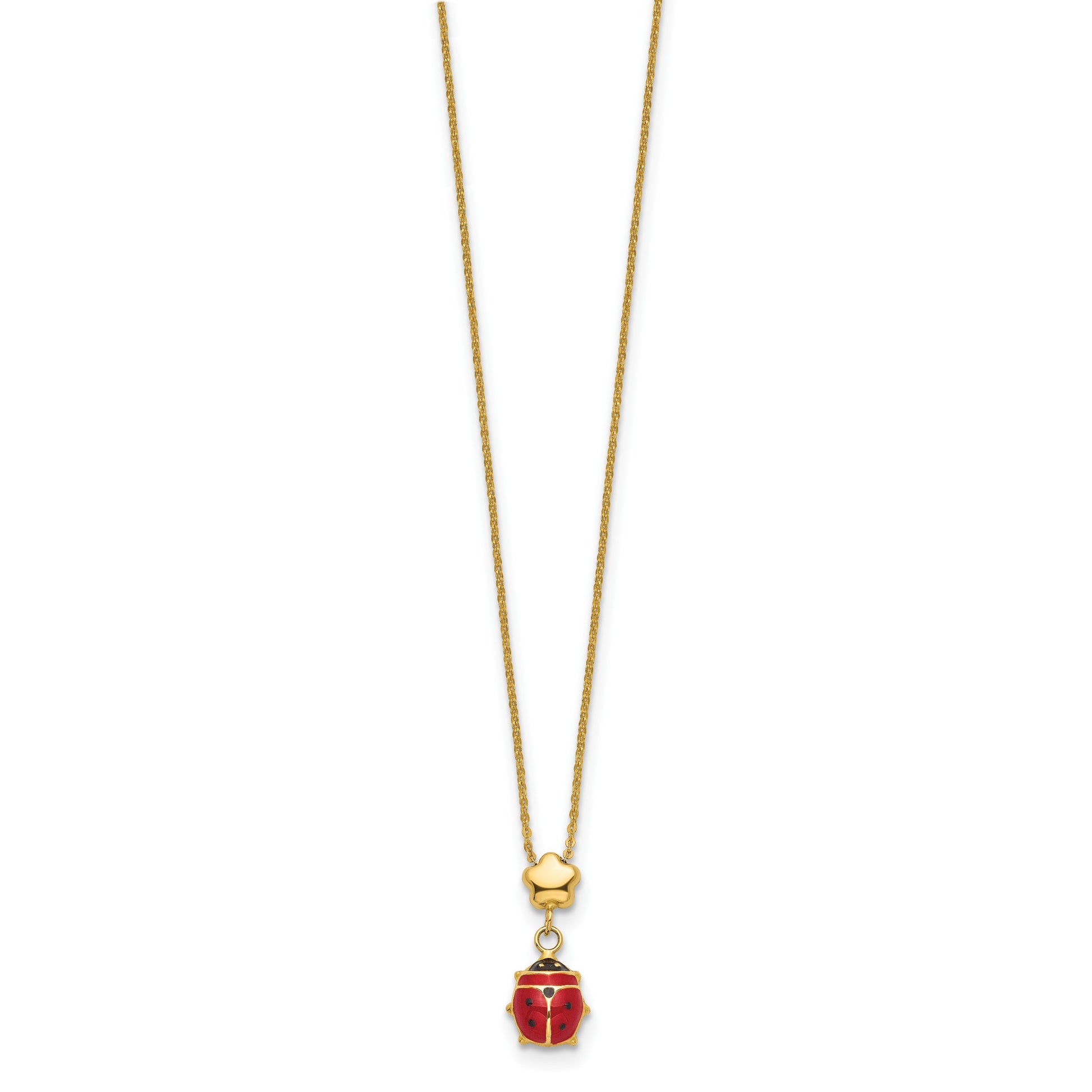 14k Polished Red and Black Enameled Ladybug with Flower Bead 16.5 inch Necklace