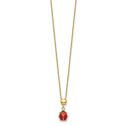 14k Polished Red and Black Enameled Ladybug with Flower Bead 16.5 inch Necklace