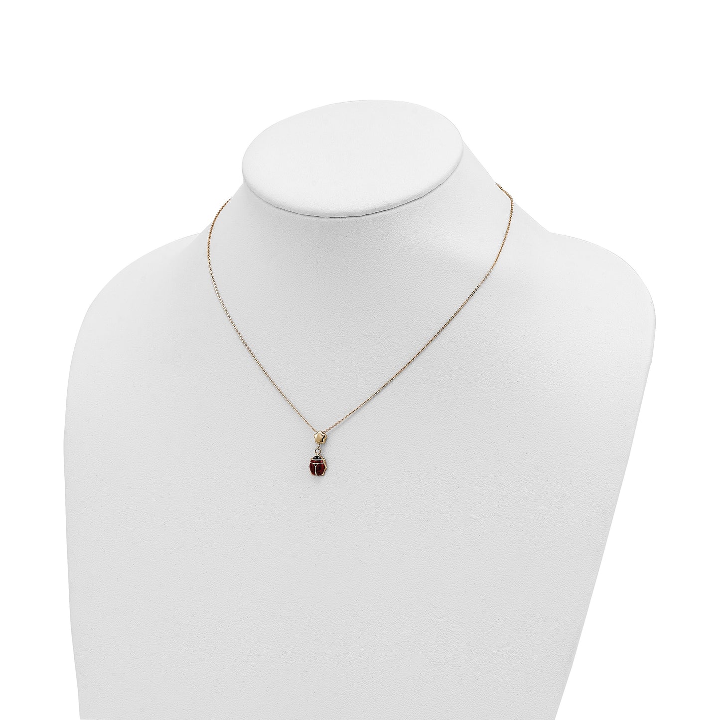 14k Polished Red and Black Enameled Ladybug with Flower Bead 16.5 inch Necklace