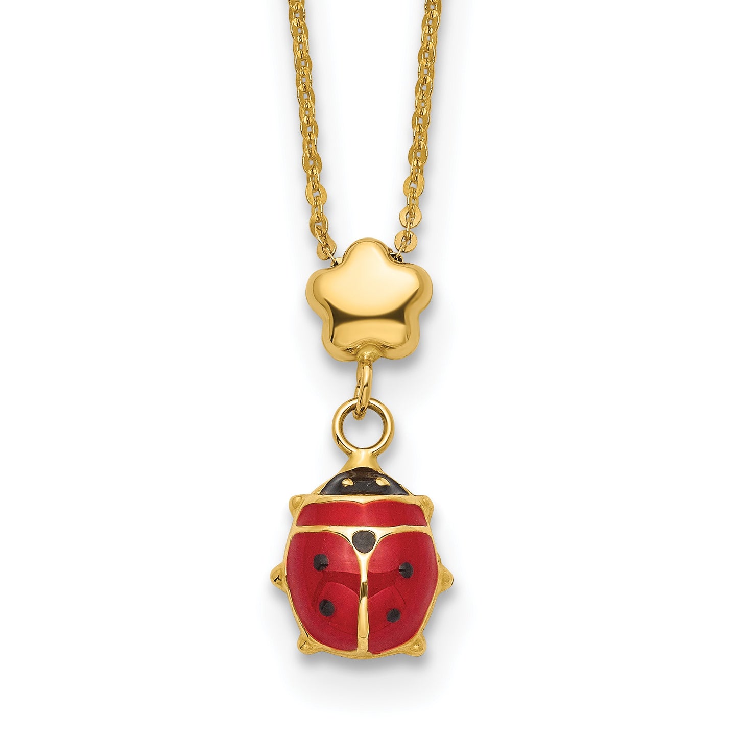 14k Polished Red and Black Enameled Ladybug with Flower Bead 16.5 inch Necklace