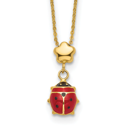 14k Polished Red and Black Enameled Ladybug with Flower Bead 16.5 inch Necklace
