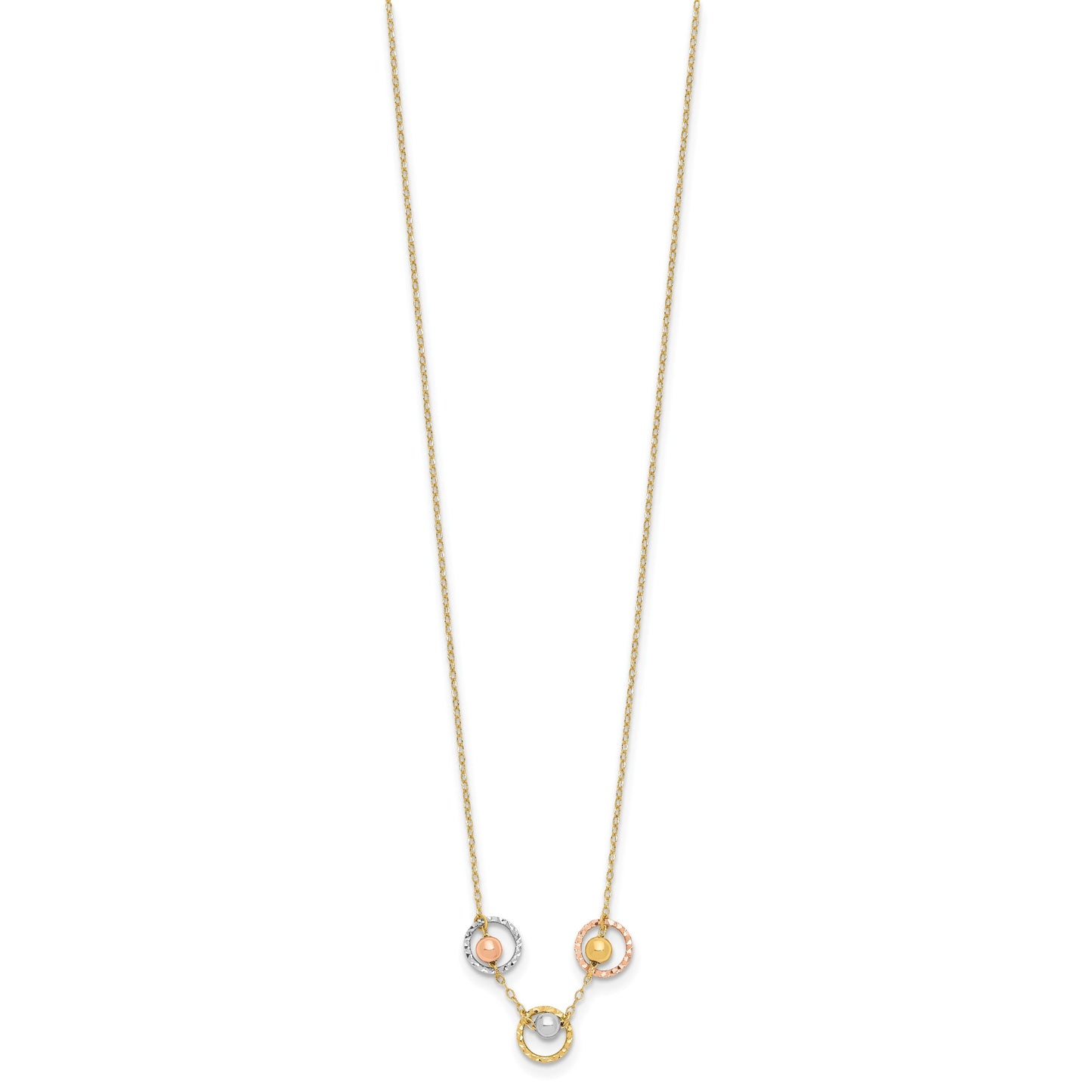 14K Tri-color Polished Beads in Three Diamond-cut Circles 18 inch Necklace