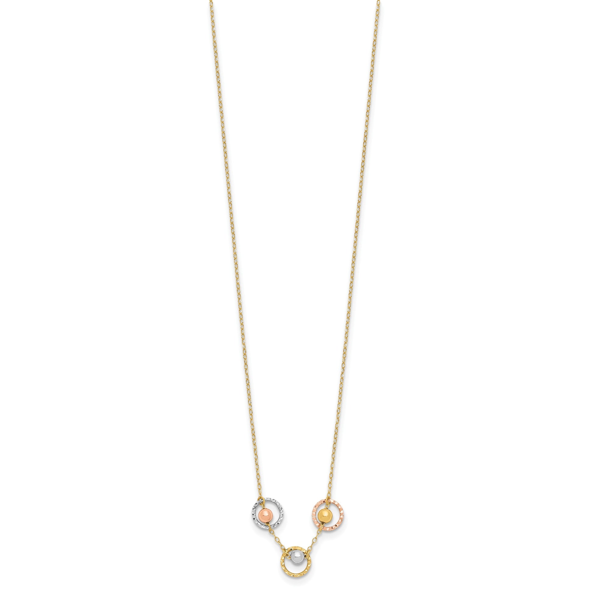14K Tri-color Polished Beads in Three Diamond-cut Circles 18 inch Necklace