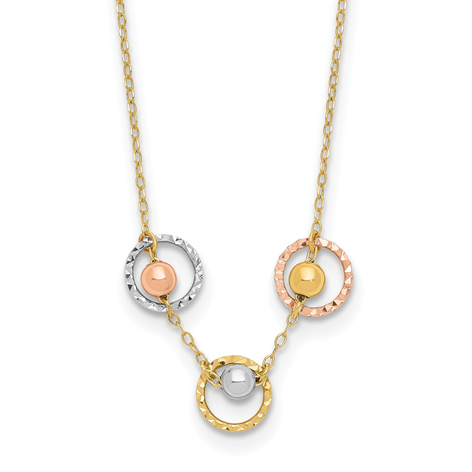 14K Tri-color Polished Beads in Three Diamond-cut Circles 18 inch Necklace
