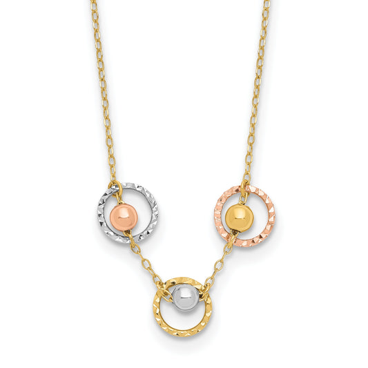 14K Tri-color Polished Beads in Three Diamond-cut Circles 18 inch Necklace