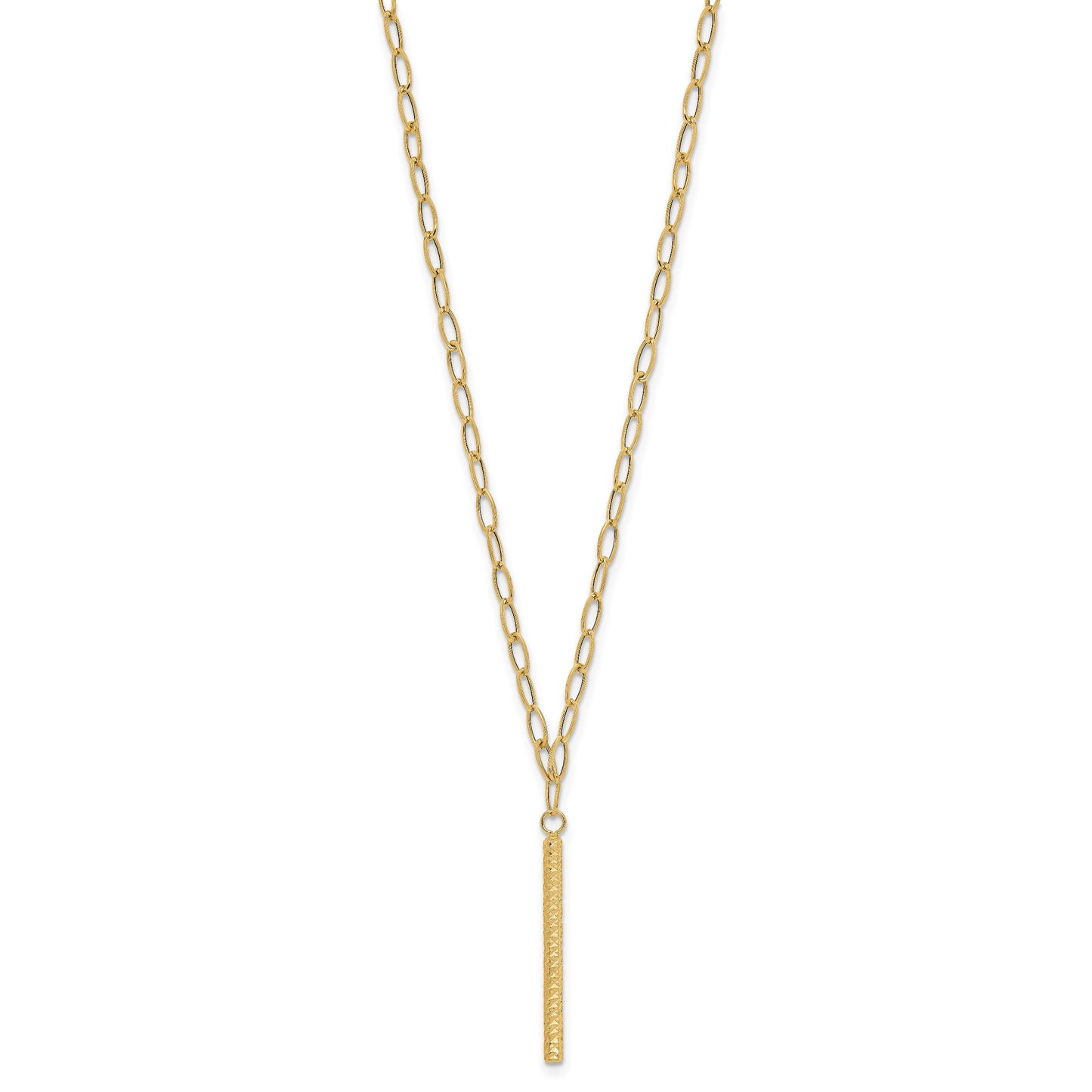 14K Polished Oval Link Chain with Diamond-cut Bar Dangle 18 inch Necklace