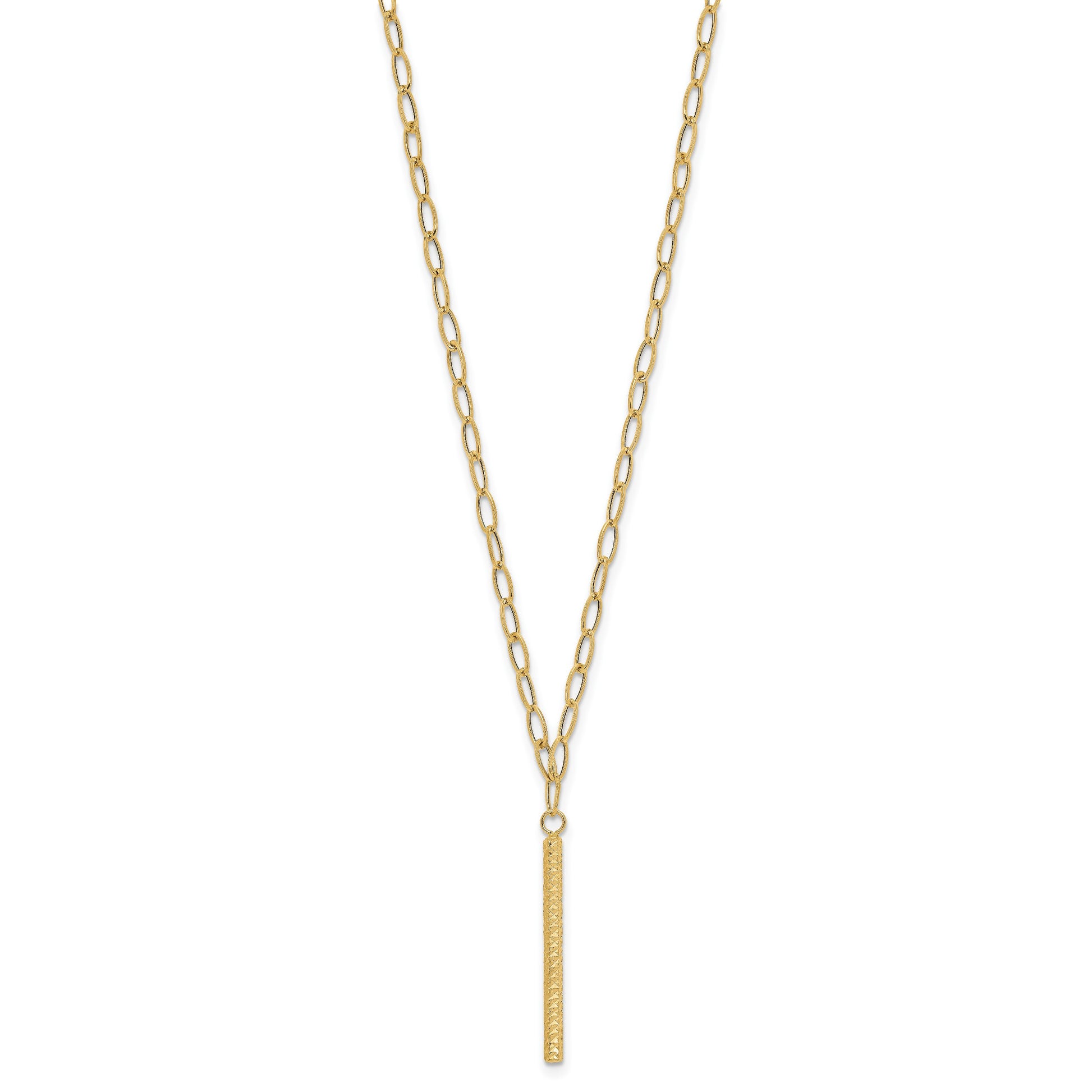 14K Polished Oval Link Chain with Diamond-cut Bar Dangle 18 inch Necklace