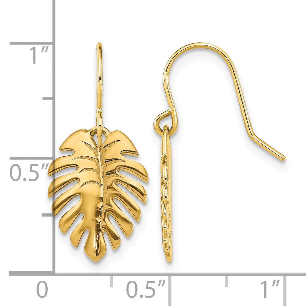 14K Polished Palm Leaf Dangle Shepherd Hook Earrings