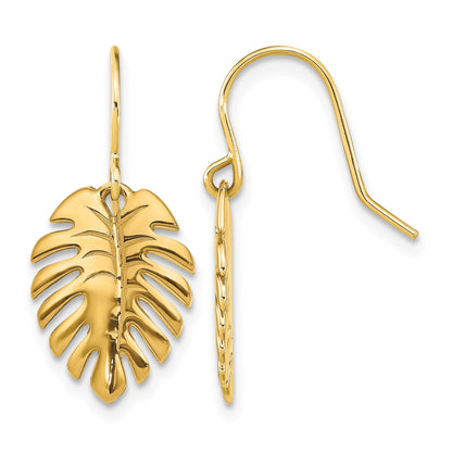 14K Polished Palm Leaf Dangle Shepherd Hook Earrings