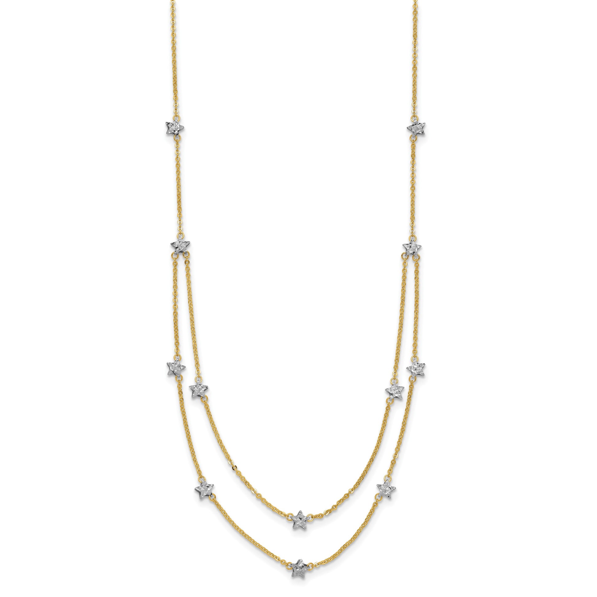 14K Two-tone Double Chain Textured Stars 18 inch Necklace