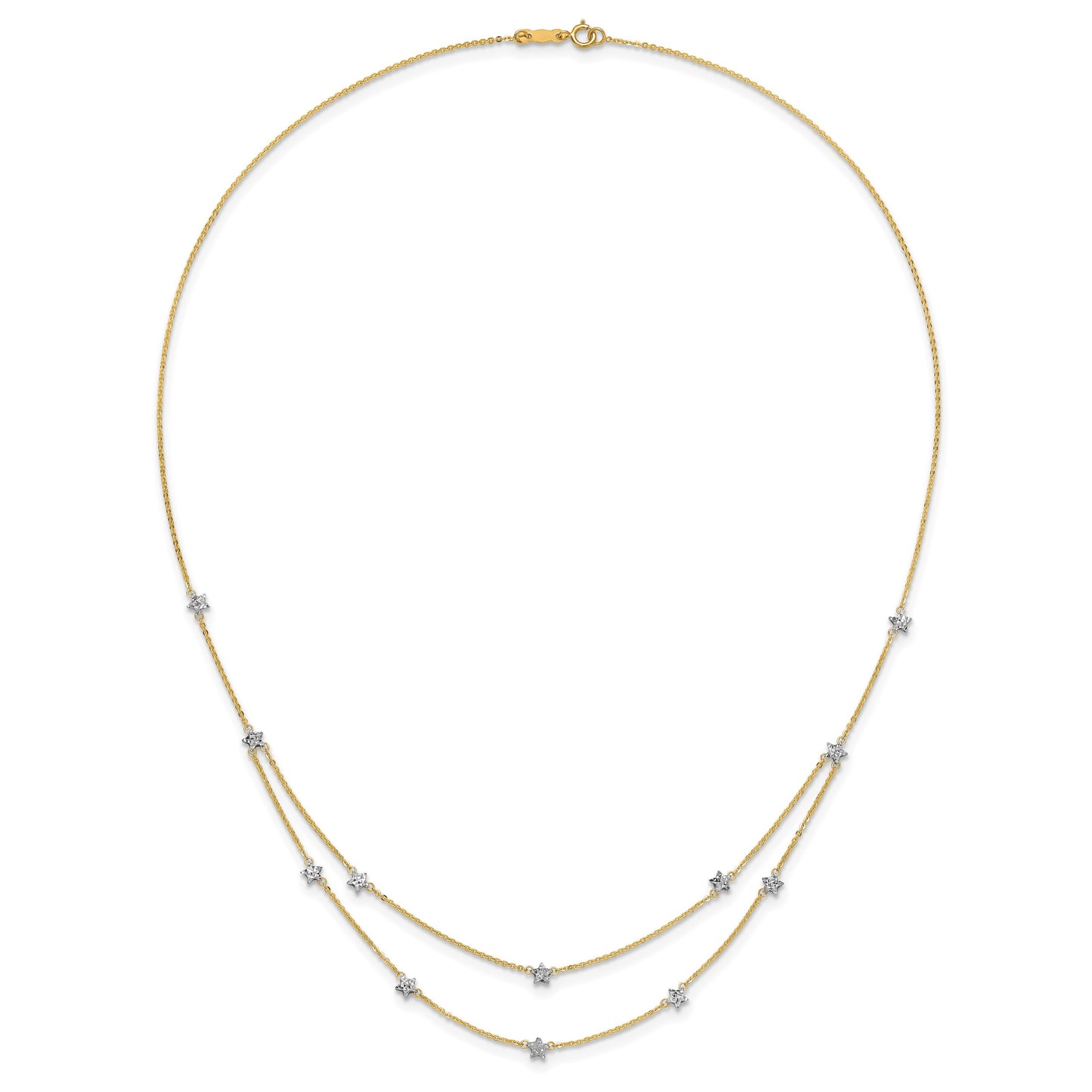 14K Two-tone Double Chain Textured Stars 18 inch Necklace