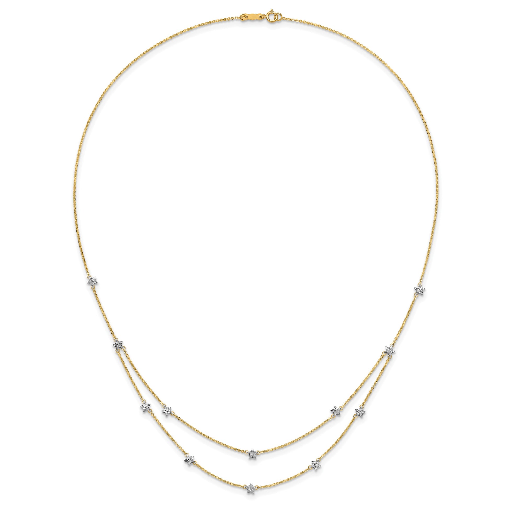 14K Two-tone Double Chain Textured Stars 18 inch Necklace