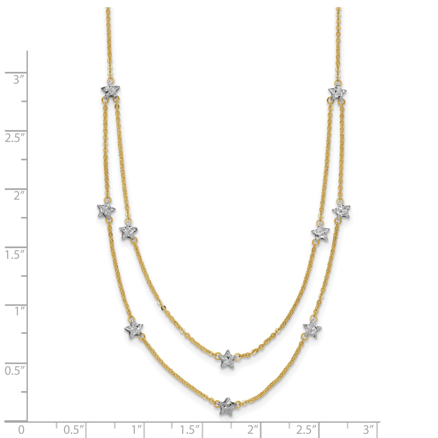 14K Two-tone Double Chain Textured Stars 18 inch Necklace