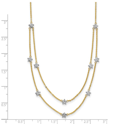 14K Two-tone Double Chain Textured Stars 18 inch Necklace