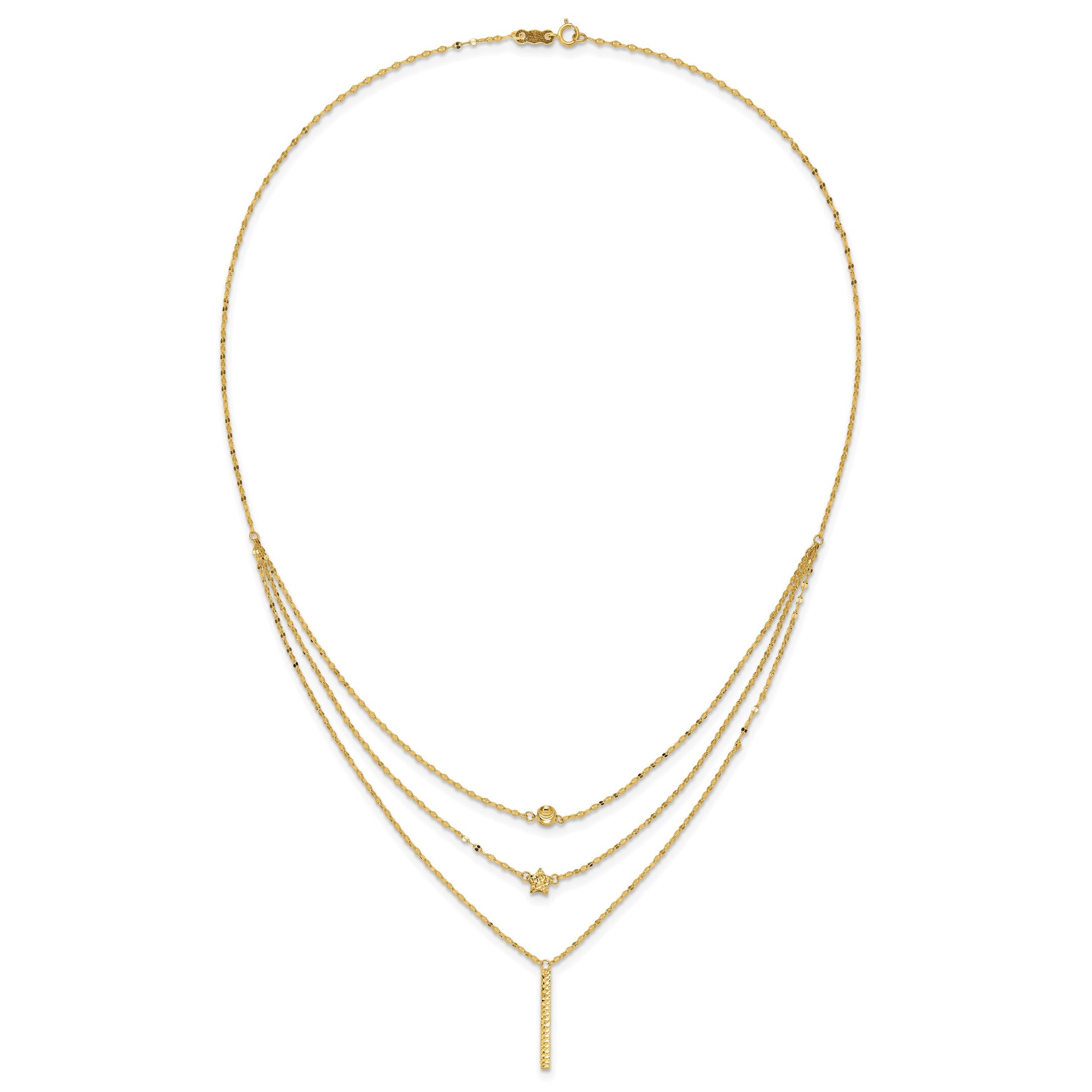 14K Three Strand Diamond-cut Bead/Star/Bar 18 inch Necklace