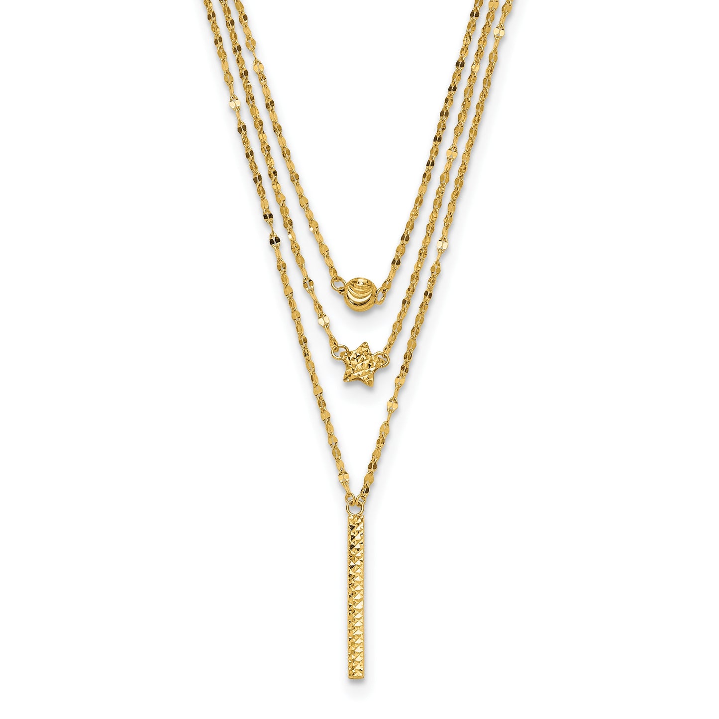 14K Three Strand Diamond-cut Bead/Star/Bar 18 inch Necklace