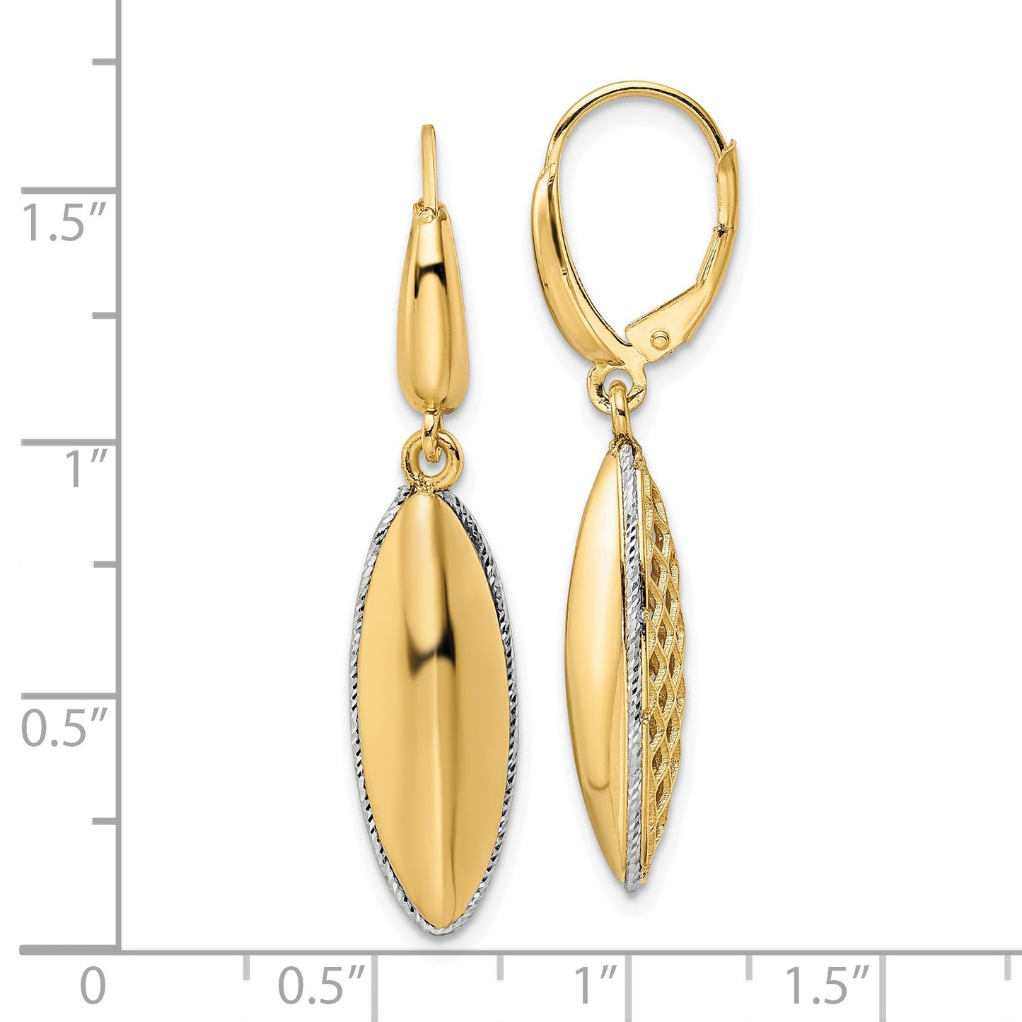 14K Two-tone Polished Diamond-cut Hollow Oval Drop Leverback Earrings