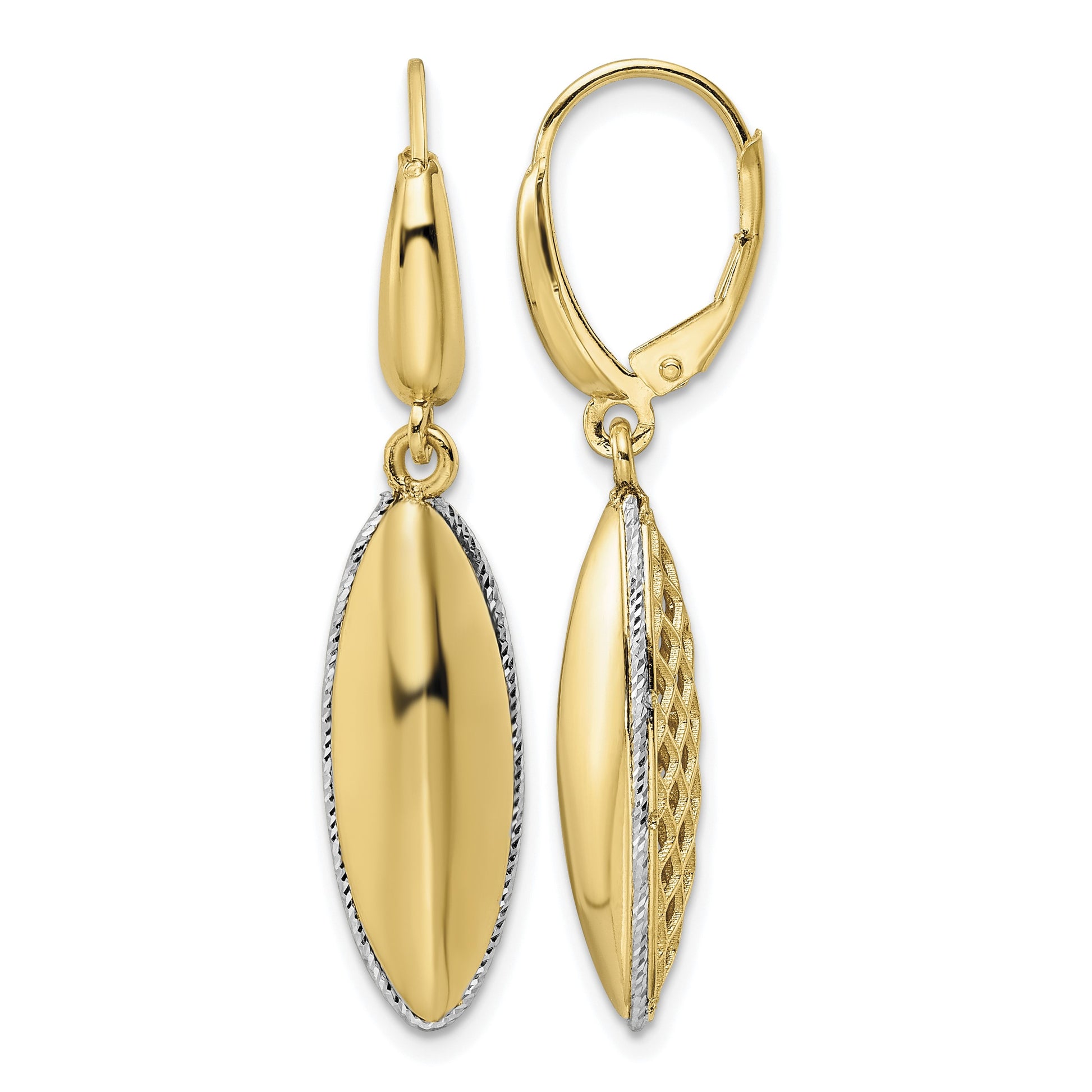 14K Two-tone Polished Diamond-cut Hollow Oval Drop Leverback Earrings