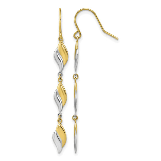 14K Two-tone Polished Wavy Dangle Shepherd Hook Earrings