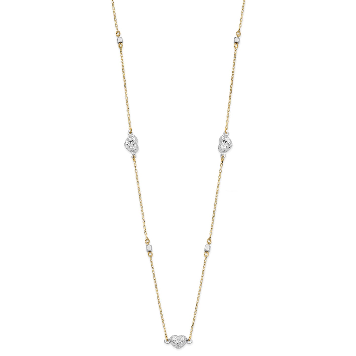 14K Two Tone Polished Diamond-cut Puffed Hearts and Beads 18 inch Necklace