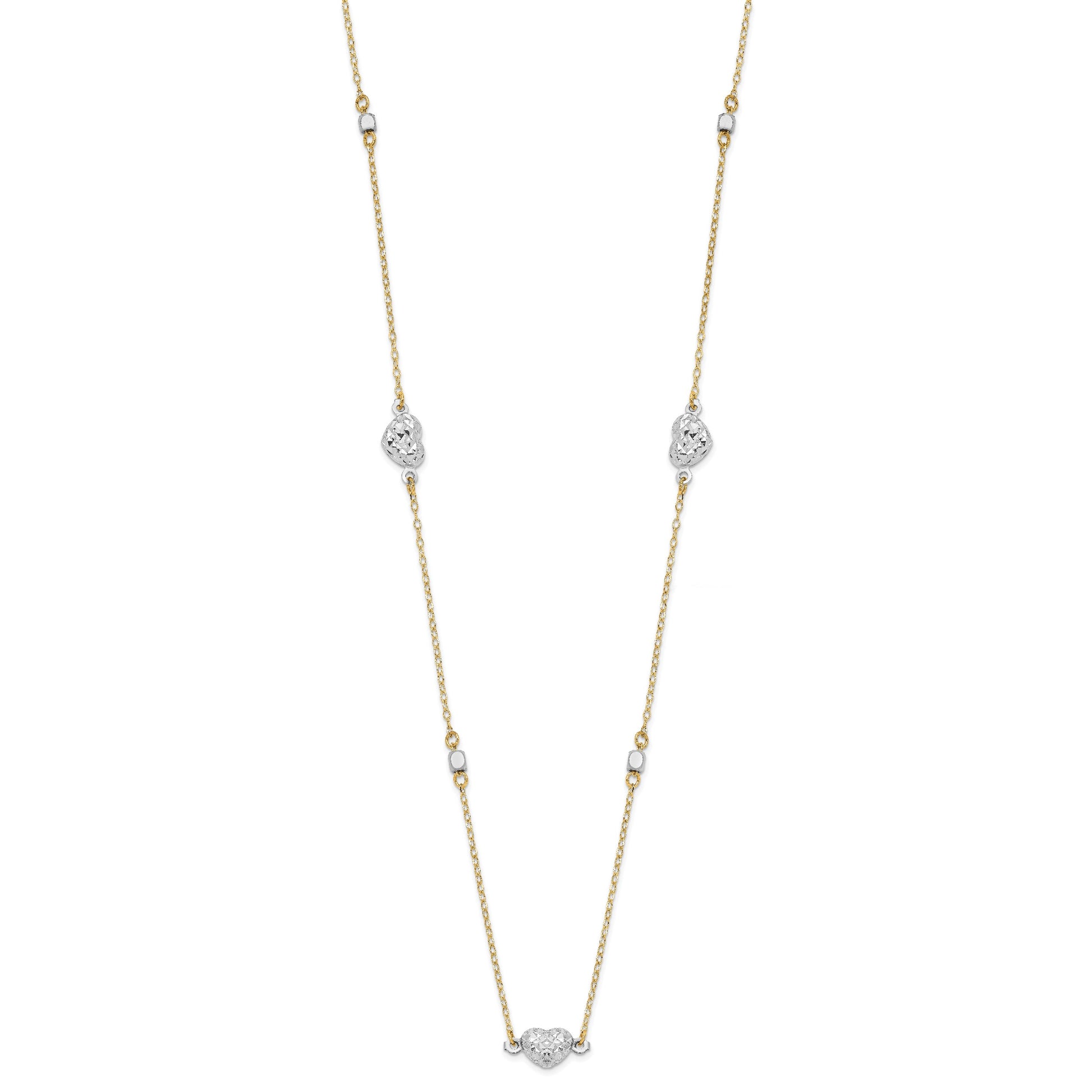 14K Two Tone Polished Diamond-cut Puffed Hearts and Beads 18 inch Necklace