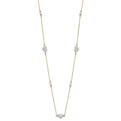 14K Two Tone Polished Diamond-cut Puffed Hearts and Beads 18 inch Necklace