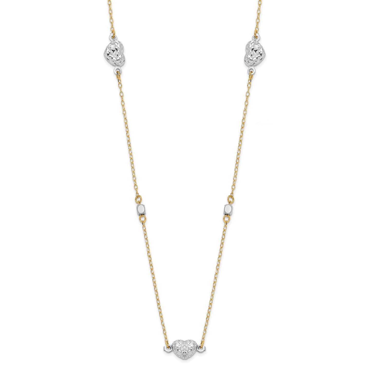 14K Two Tone Polished Diamond-cut Puffed Hearts and Beads 18 inch Necklace
