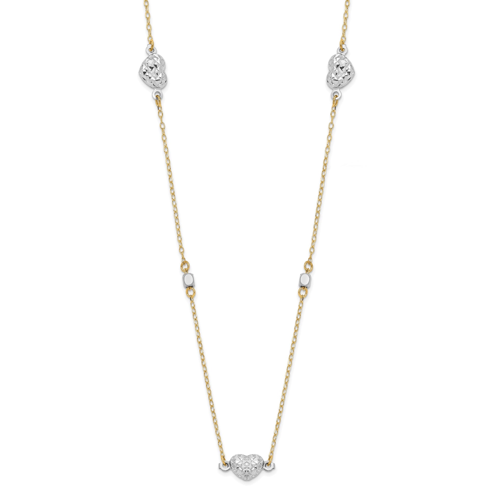 14K Two Tone Polished Diamond-cut Puffed Hearts and Beads 18 inch Necklace