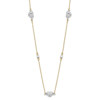 14K Two Tone Polished Diamond-cut Puffed Hearts and Beads 18 inch Necklace