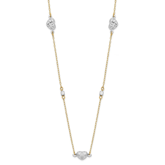 14K Two Tone Polished Diamond-cut Puffed Hearts and Beads 18 inch Necklace