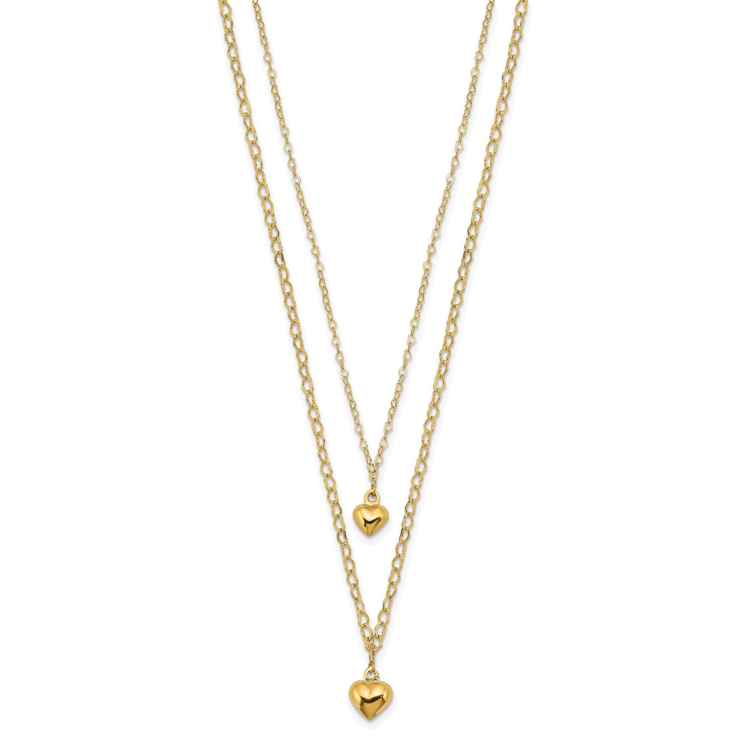 14K Double Layer Heart Link with Polished Puffed Hearts 16 inch Necklace Plus 2 inch Extender