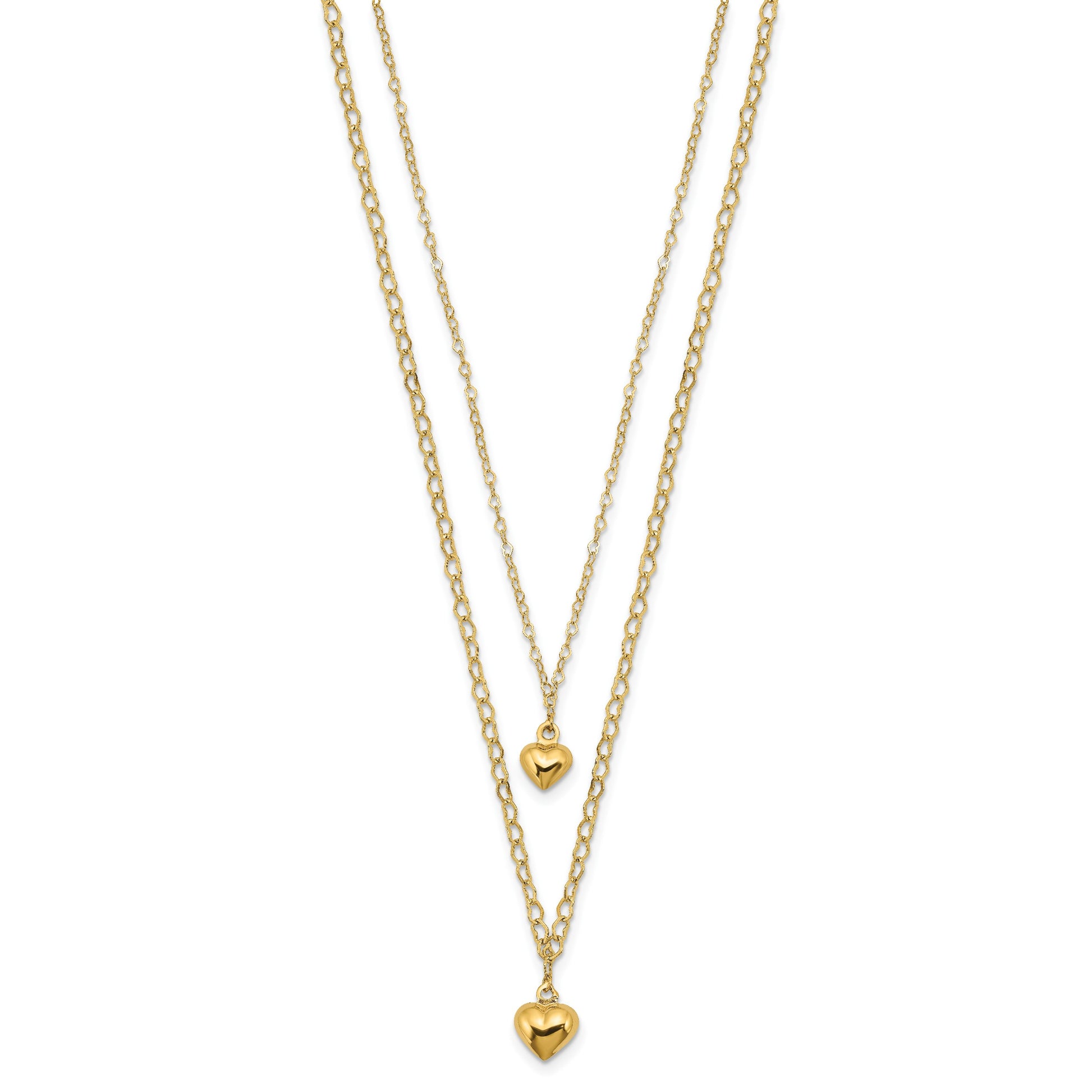 14K Double Layer Heart Link with Polished Puffed Hearts 16 inch Necklace Plus 2 inch Extender