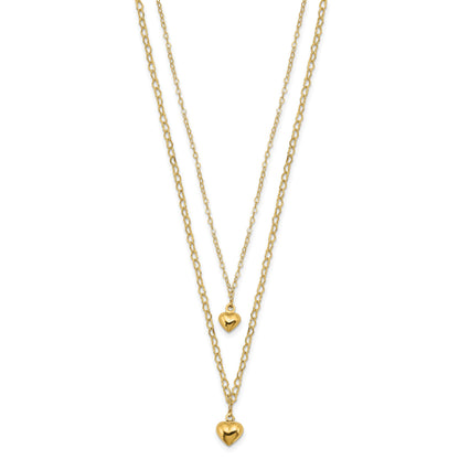 14K Double Layer Heart Link with Polished Puffed Hearts 16 inch Necklace Plus 2 inch Extender