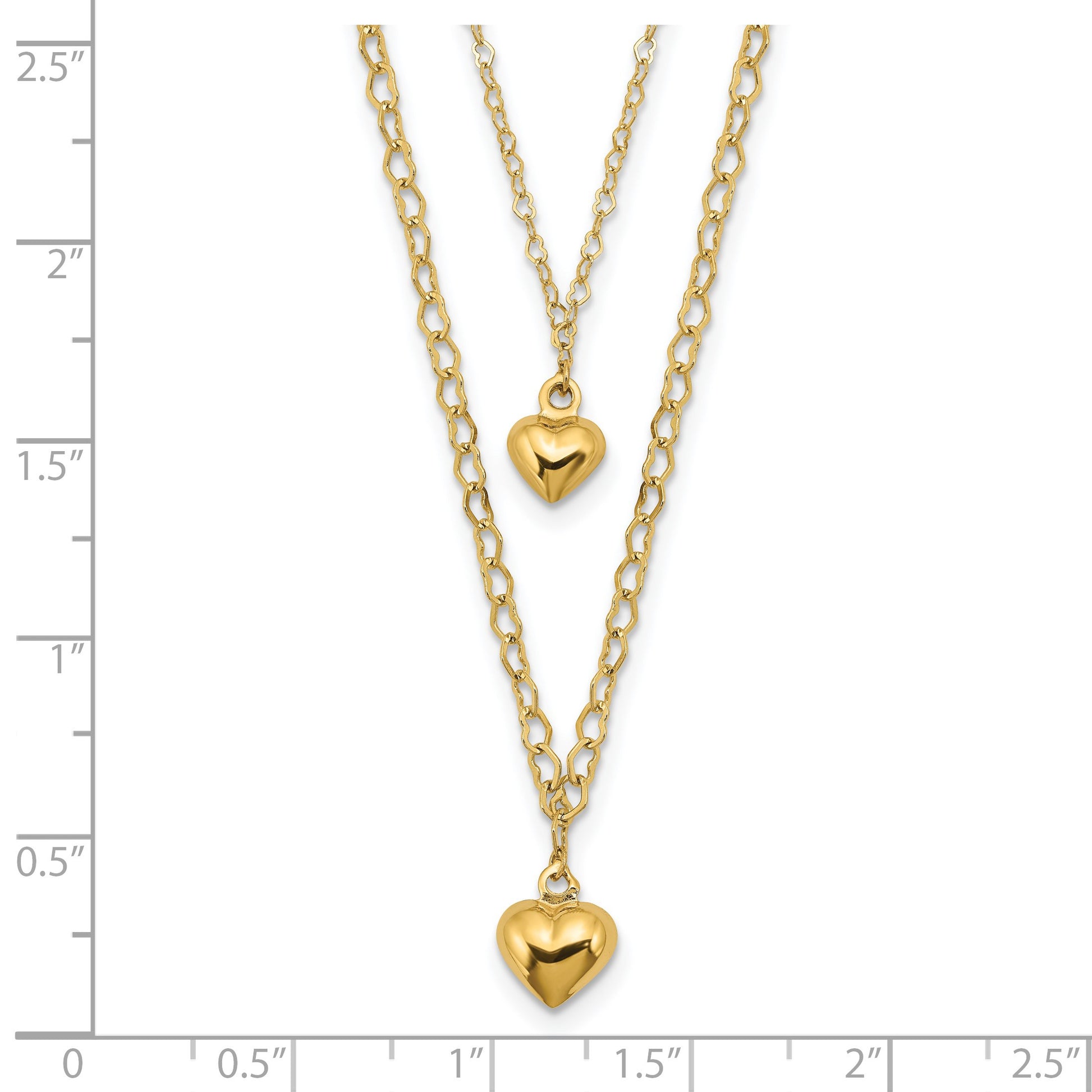14K Double Layer Heart Link with Polished Puffed Hearts 16 inch Necklace Plus 2 inch Extender
