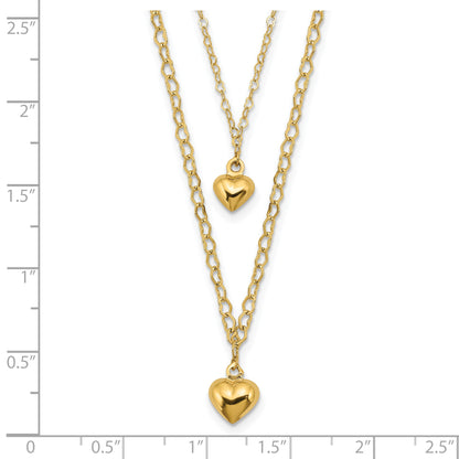 14K Double Layer Heart Link with Polished Puffed Hearts 16 inch Necklace Plus 2 inch Extender
