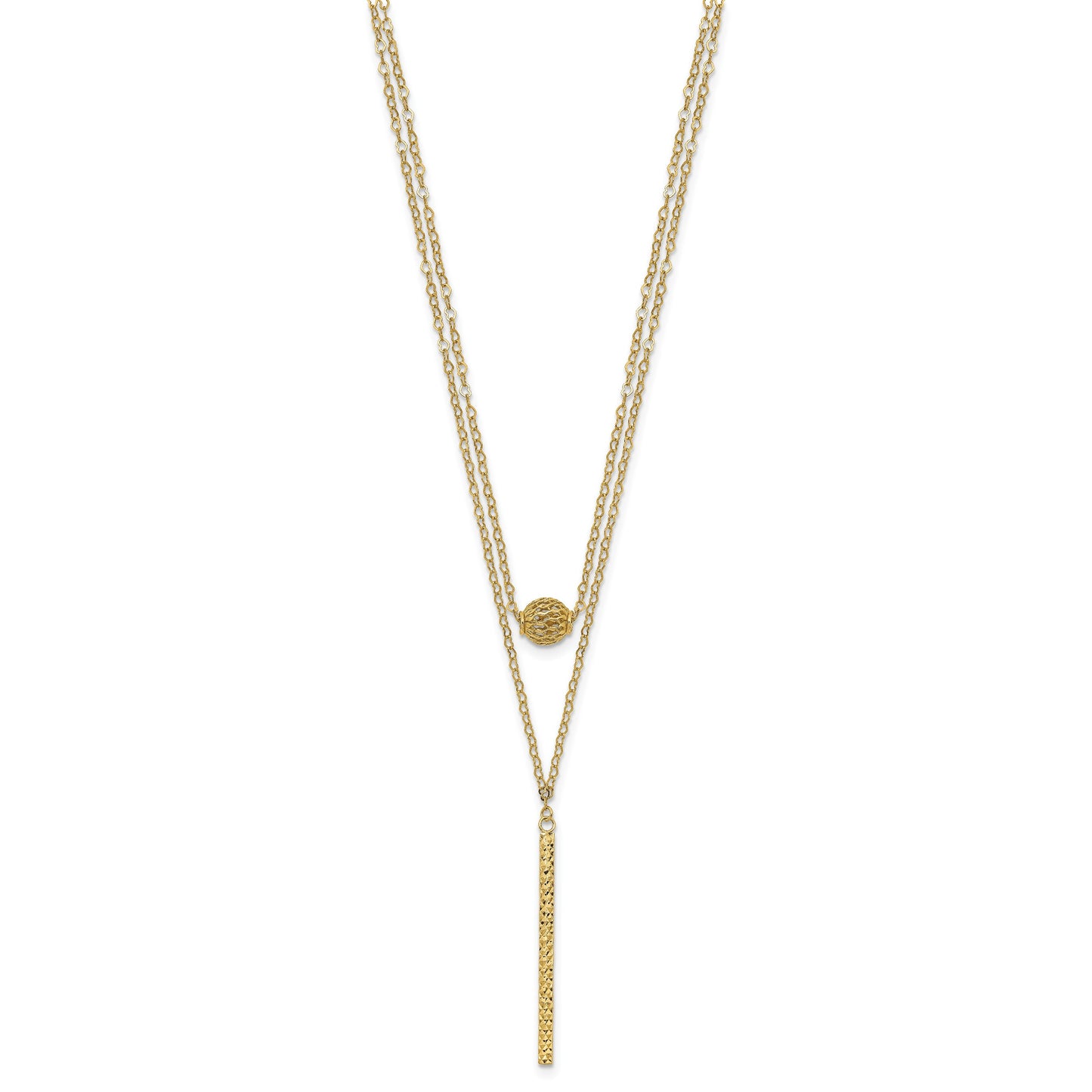 14K Double Layer Hollow Filigree Bead and Diamond-cut Bar 16 inch Necklace Plus 2 inch Extender