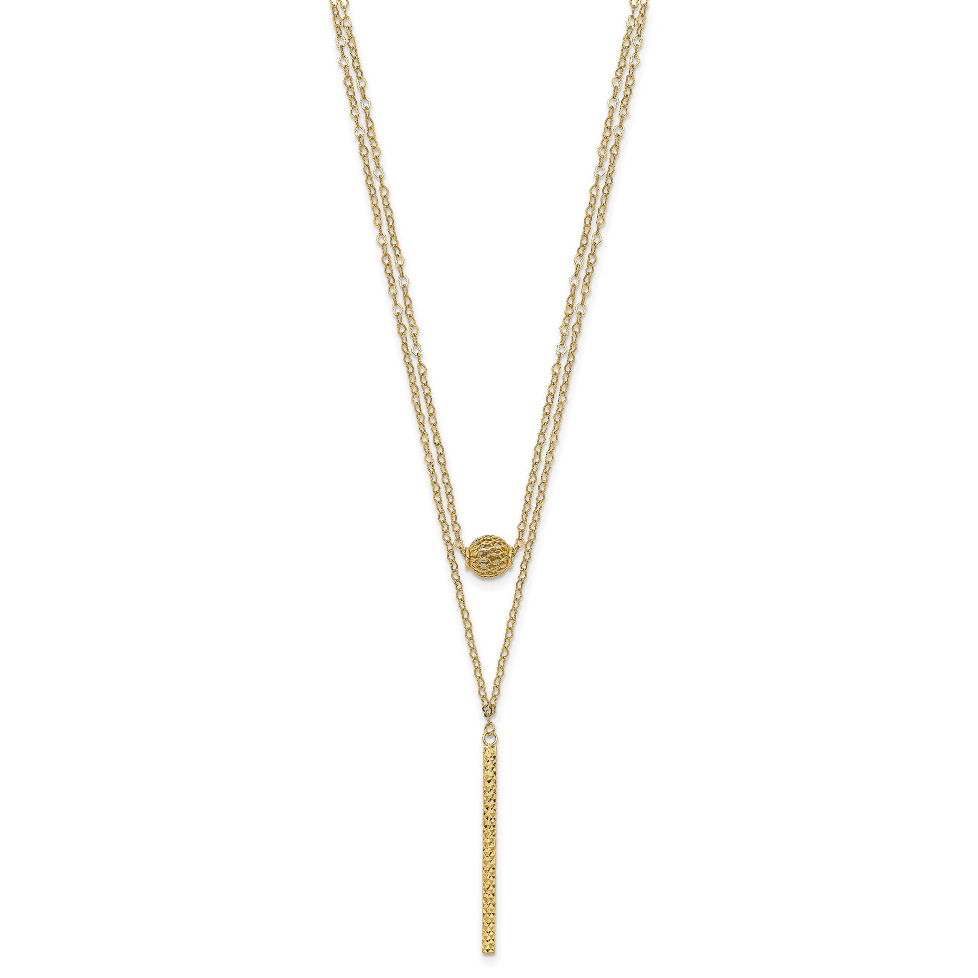 14K Double Layer Hollow Filigree Bead and Diamond-cut Bar 16 inch Necklace Plus 2 inch Extender
