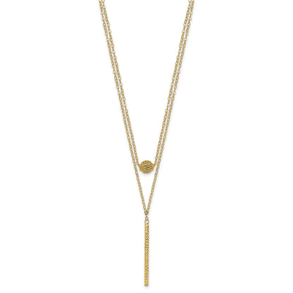 14K Double Layer Hollow Filigree Bead and Diamond-cut Bar 16 inch Necklace Plus 2 inch Extender