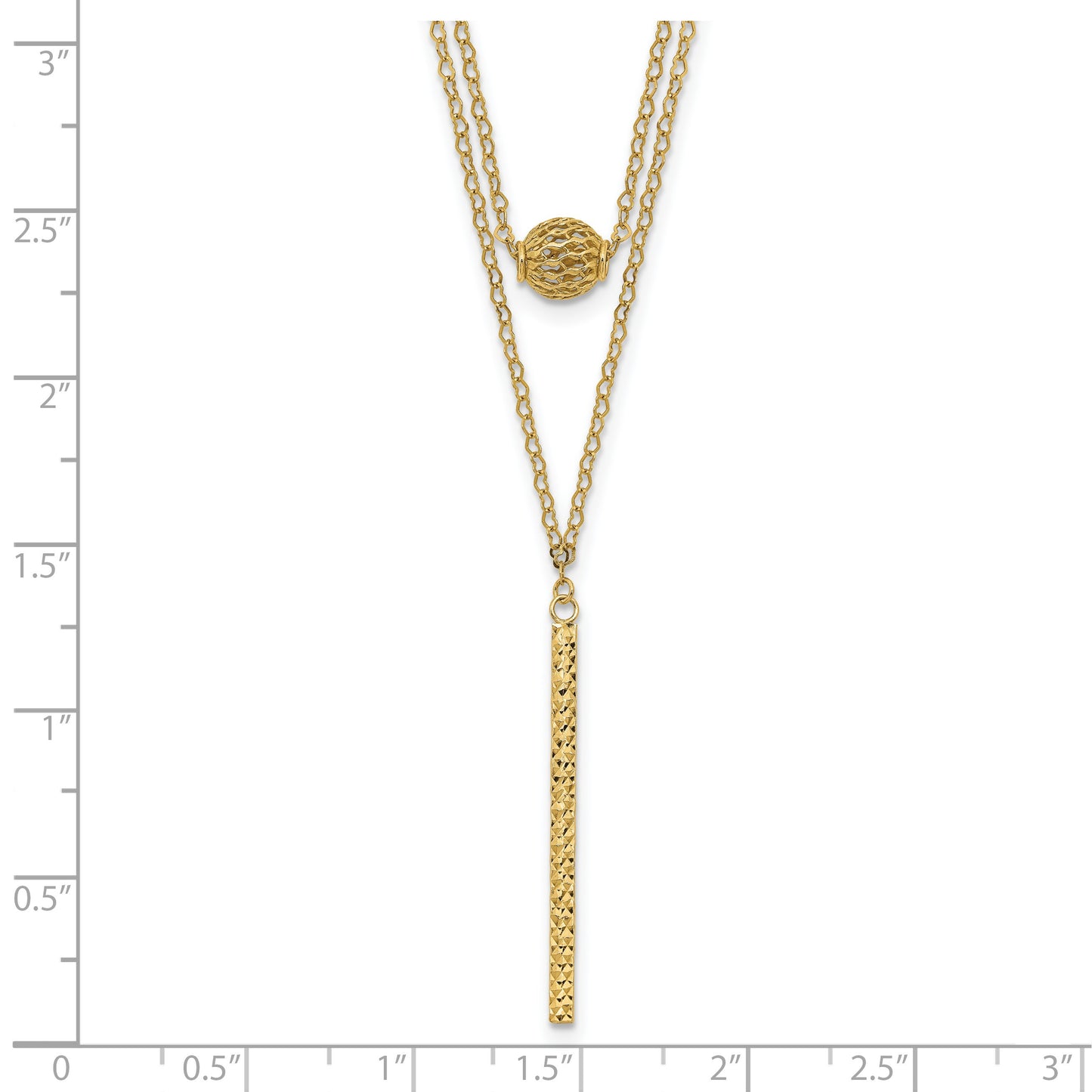 14K Double Layer Hollow Filigree Bead and Diamond-cut Bar 16 inch Necklace Plus 2 inch Extender