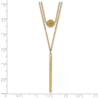 14K Double Layer Hollow Filigree Bead and Diamond-cut Bar 16 inch Necklace Plus 2 inch Extender