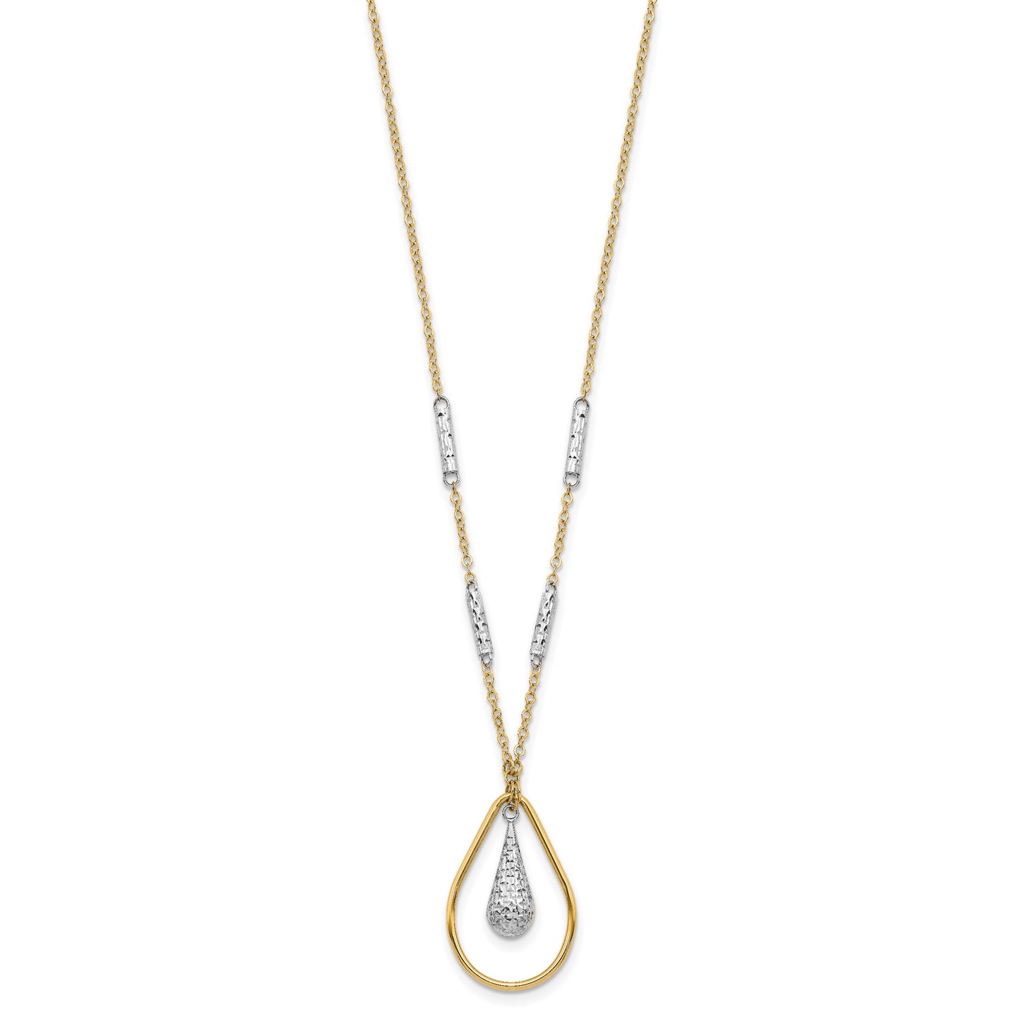 14K Two-tone Polished and Diamond-cut Teardrop and Bar 17 inch Necklace
