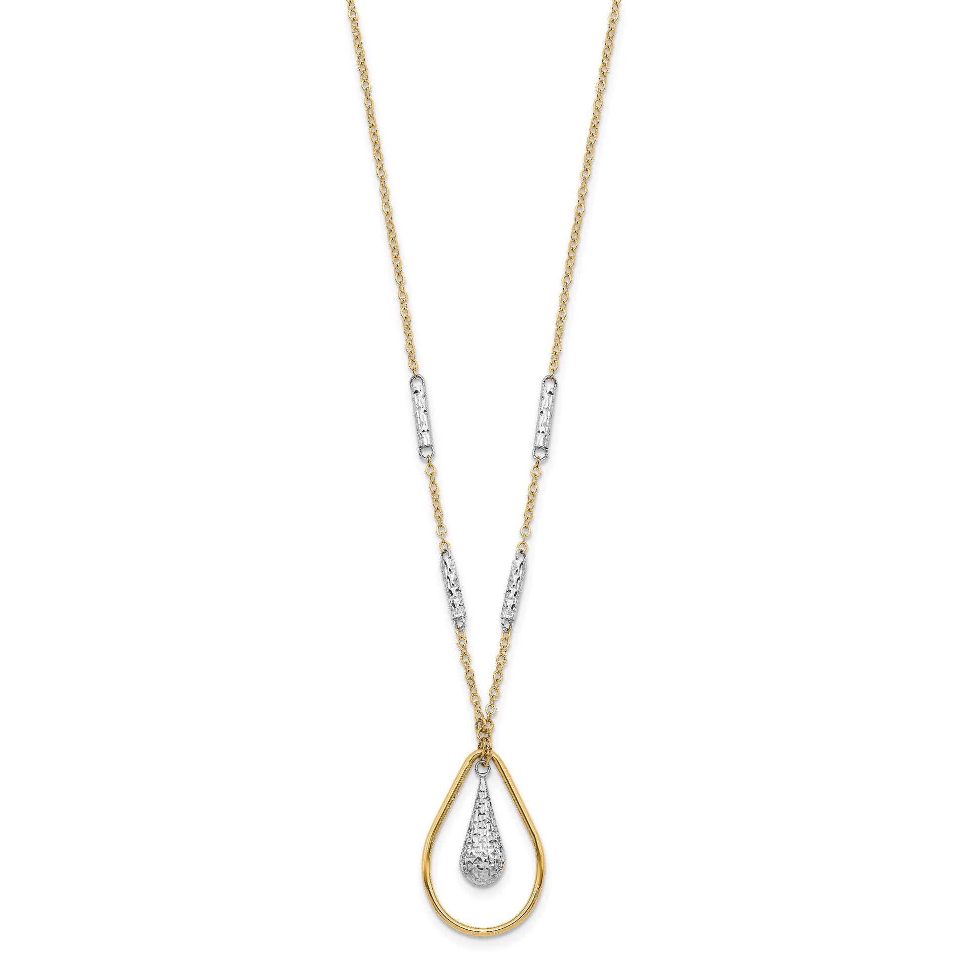 14K Two-tone Polished and Diamond-cut Teardrop and Bar 17 inch Necklace