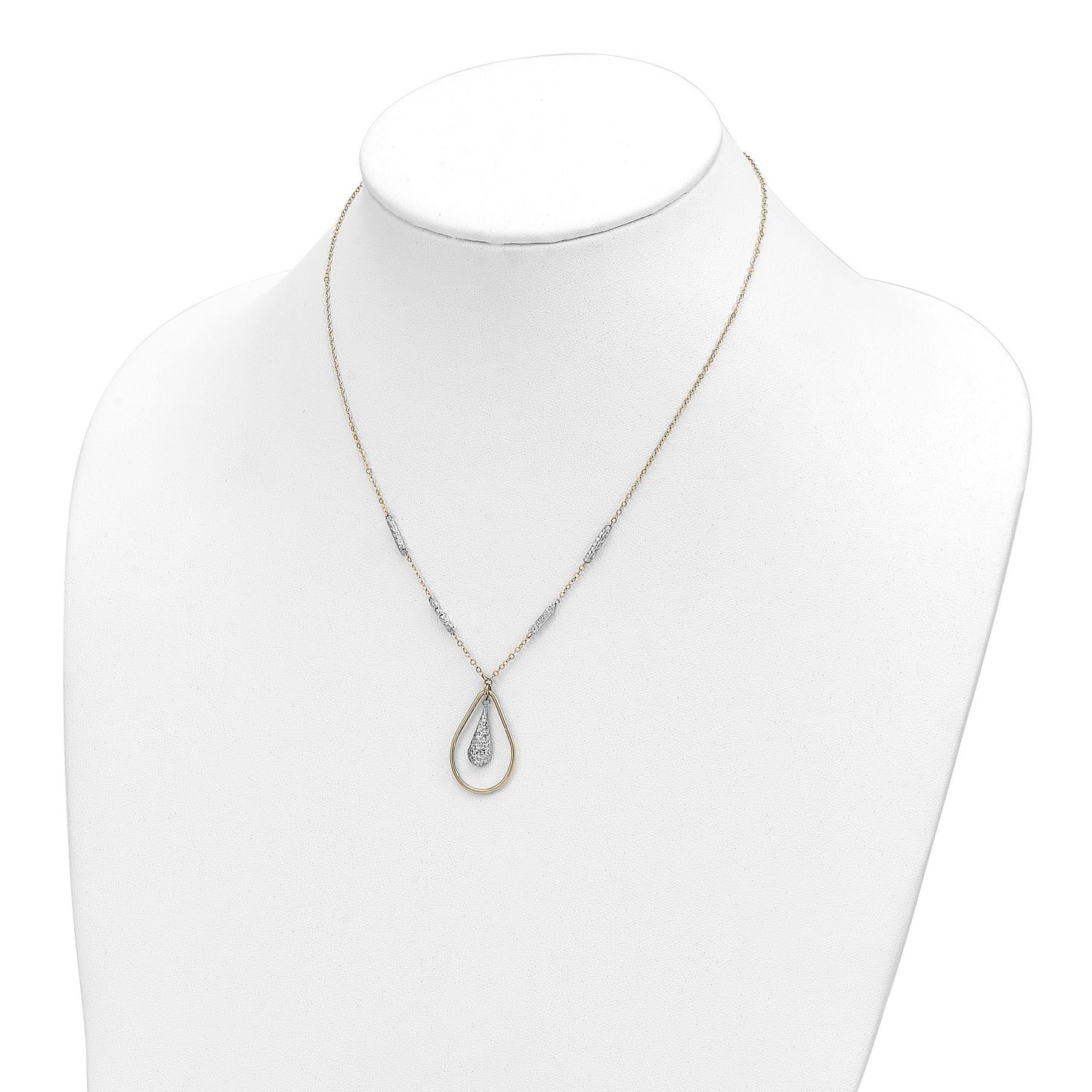 14K Two-tone Polished and Diamond-cut Teardrop and Bar 17 inch Necklace