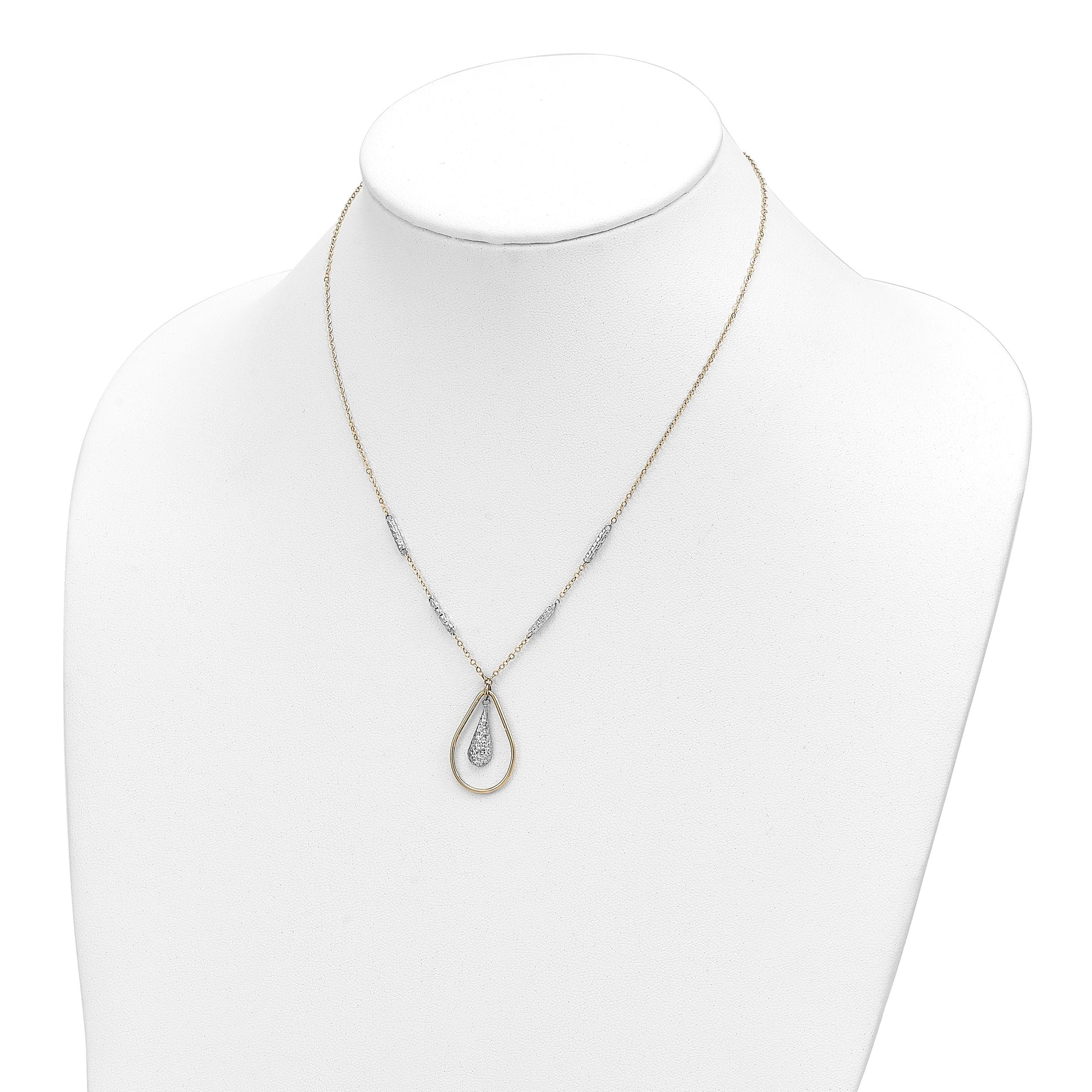 14K Two-tone Polished and Diamond-cut Teardrop and Bar 17 inch Necklace