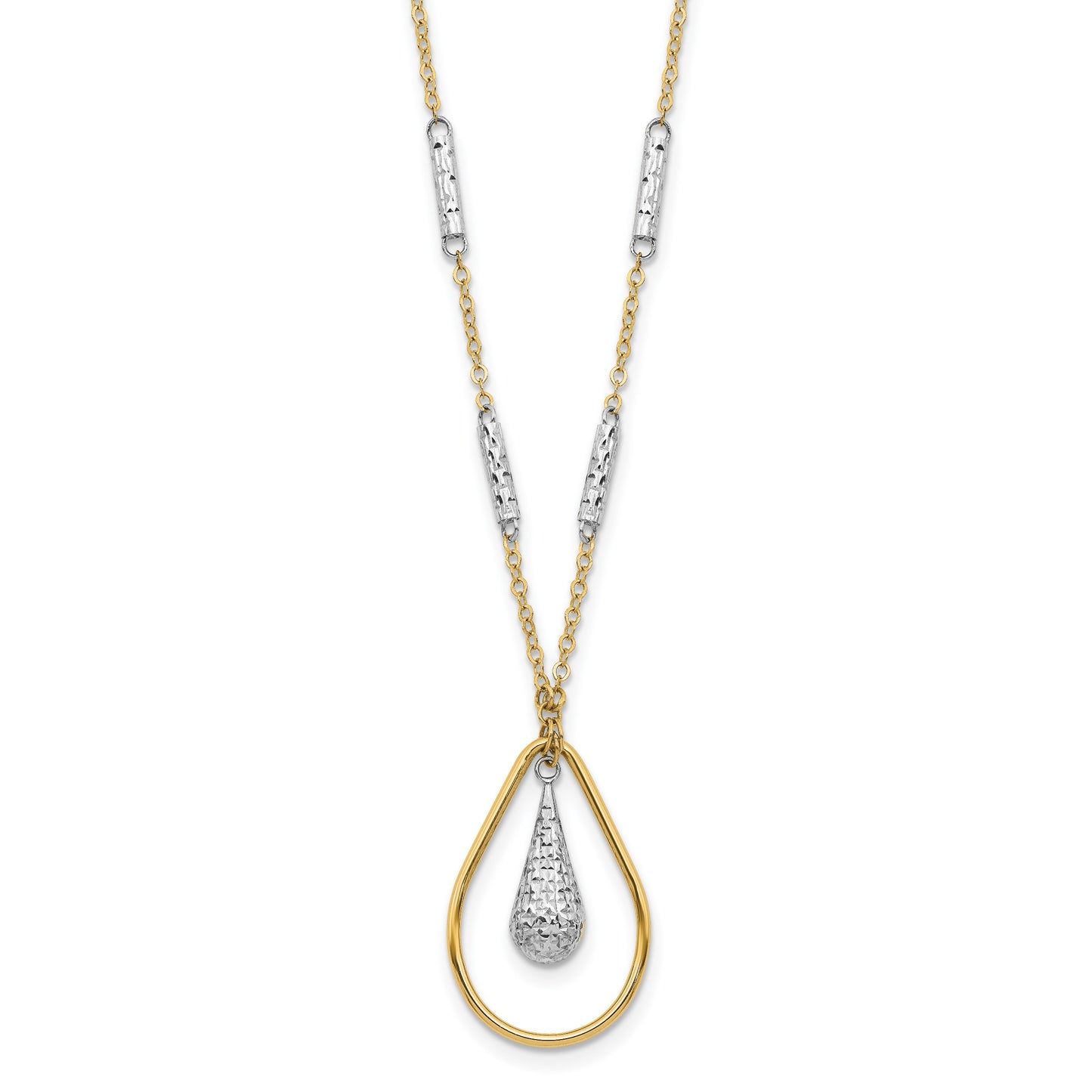 14K Two-tone Polished and Diamond-cut Teardrop and Bar 17 inch Necklace