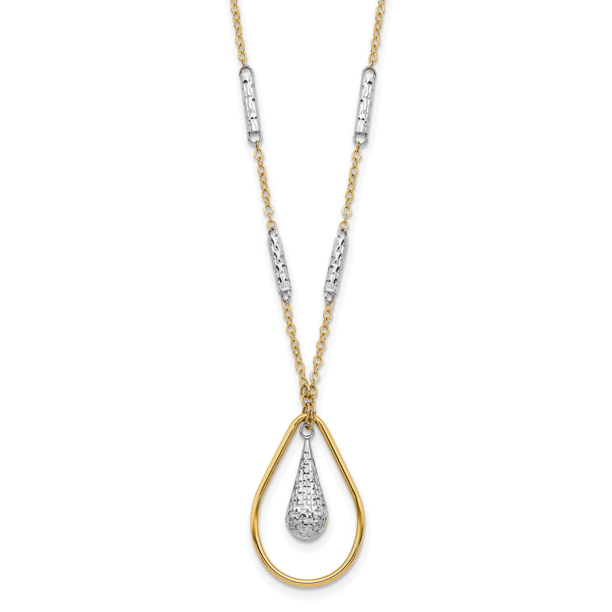 14K Two-tone Polished and Diamond-cut Teardrop and Bar 17 inch Necklace