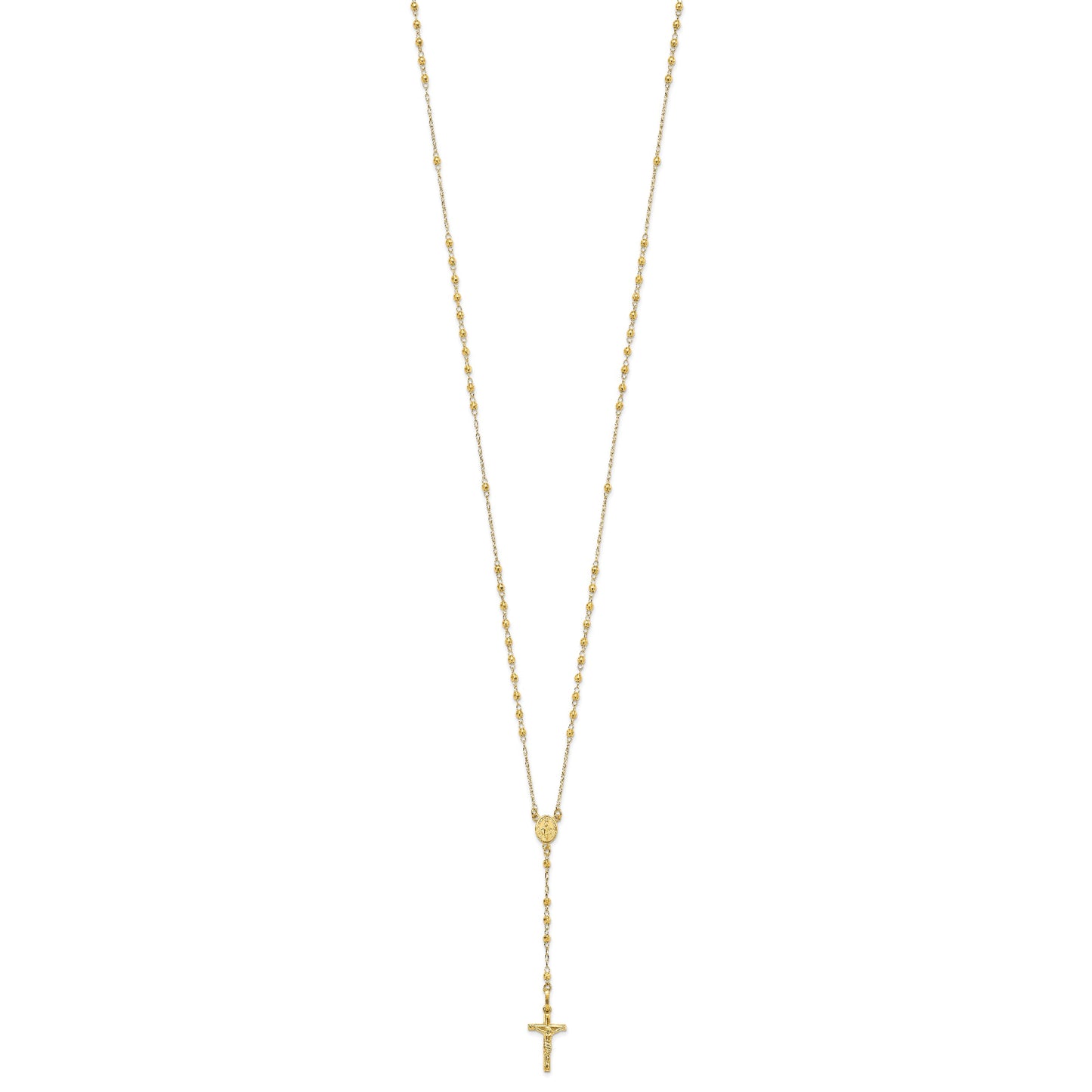14K Polished Crucifix and Miraculous Medal with Faceted Beads 24 inch Rosary Necklace