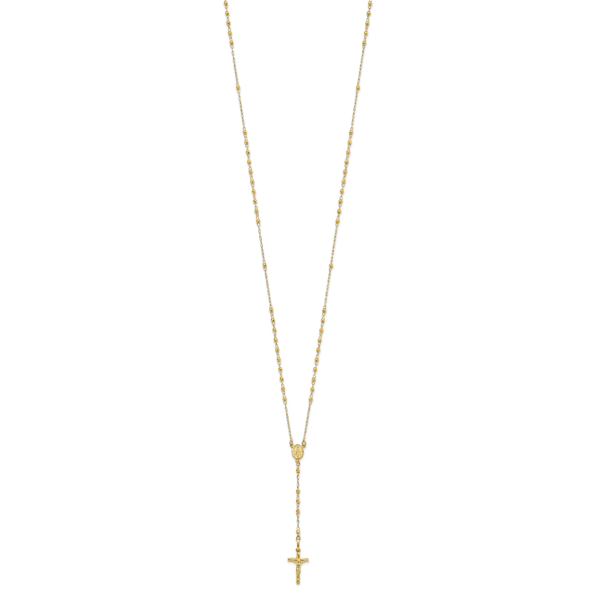 14K Polished Crucifix and Miraculous Medal with Faceted Beads 24 inch Rosary Necklace